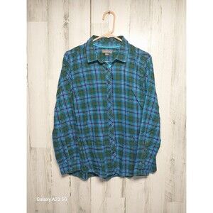 Eddie Bauer Womens Large Blue Green Plaid Button Down Shirt